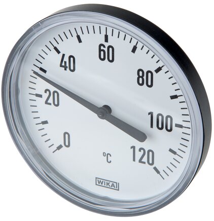 Exemplary representation: Horizontal bimetal thermometer with plastic housing and copper thermowell